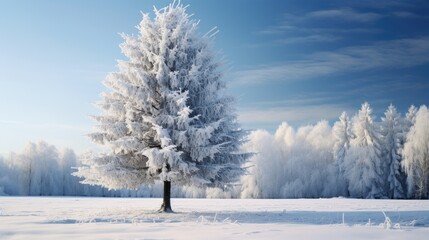 Fir tree in winter forest, covered fresh snow at frosty Christmas day. Beautiful winter landscape.