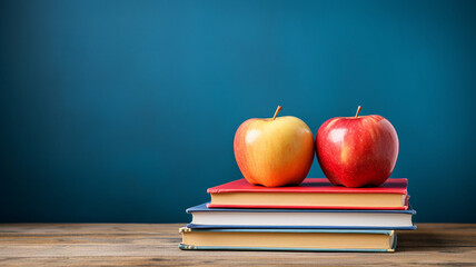 books with fresh apple and copy space