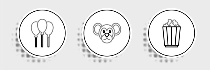 Set line Popcorn in box, Balloons with ribbon and Monkey icon. Vector