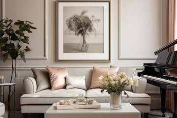 Stylish living room with piano, poster frame, flowers, decoration, lamp, and personal accessories in modern home decor. Generative AI