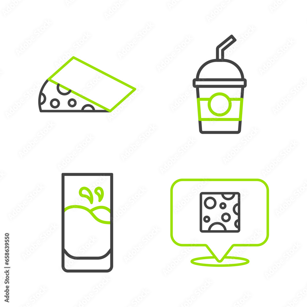 Poster set line cheese, glass with milk, milkshake and icon. vector