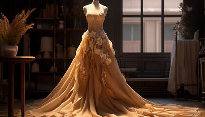 Haute couture inspired wedding dress in ochre - obrazy, fototapety, plakaty