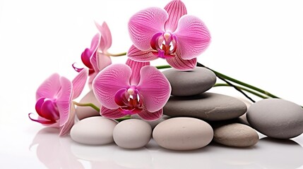 Obraz na płótnie Canvas Serenity Defined with Delicate Pink Orchid and Smooth Spa Stones Isolated on White Background