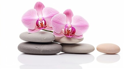 Fototapeta na wymiar Serenity Defined with Delicate Pink Orchid and Smooth Spa Stones on White