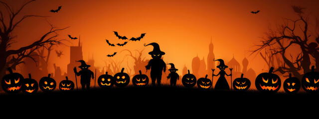 Halloween background with pumpkins and bats silhouettes. Vector illustration.