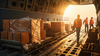 process Loading of goods on board a cargo plane, transportation of cargo by aircraft at night - obrazy, fototapety, plakaty