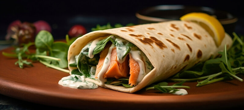 Grilled Salmon Wrap With Yogurt Sauce And Arugula. Generative AI.