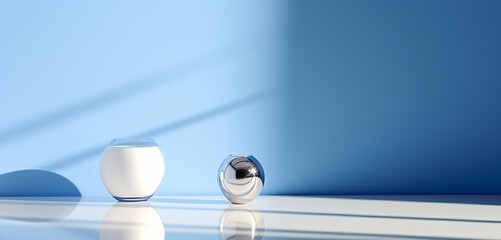 Empty blue and white room with vases, beautiful light and shadow, AI generated