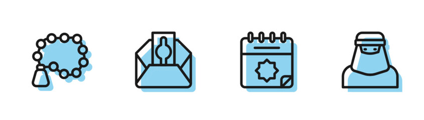 Set line Ramadan calendar, Rosary beads religion, Donate or pay your zakat and Muslim woman in niqab icon. Vector