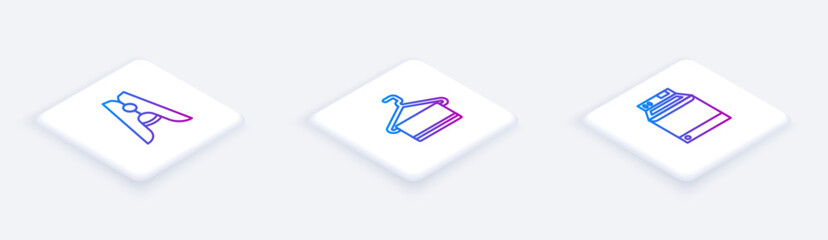 Set Isometric line Clothes pin, Towel on hanger and Washer. White square button. Vector