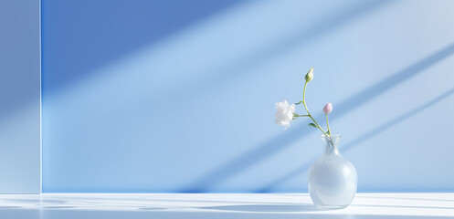 Empty blue and white room with vase and flowers, beautiful light and shadow, AI generated