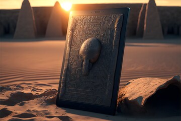 large glowing sumerian cuniform tablet surrounded by alien like technology in the desert intricate details elegant hyper realistic super detailed photography unreal engine SuperResolution gigapixel  - obrazy, fototapety, plakaty