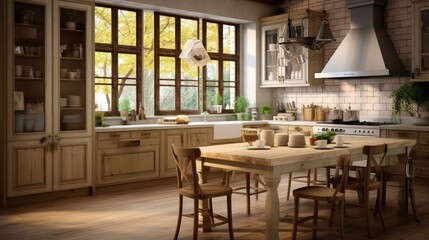Fototapeta premium Interior of kitchen in rustic style. White furniture and wooden decor in bright cottage indoor.