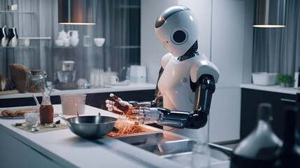 Robot cooks the food in a modern kitchen. technologies in modern life concept - obrazy, fototapety, plakaty