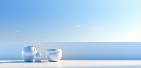 Empty blue and white room with vases, beautiful light and shadow, AI generated