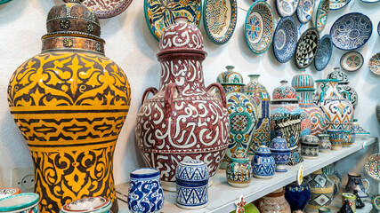 Moroccan pottery with colorful ceramics and pottery displayed outside shops in the souks, or...