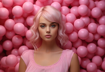 Obraz na płótnie Canvas Bright female model with pink hair, generative AI