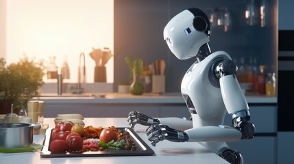 Robot cooks the food in a modern kitchen. technologies in modern life concept
