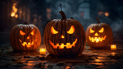 Fototapeta premium Carved pumpkins at horror night on the street