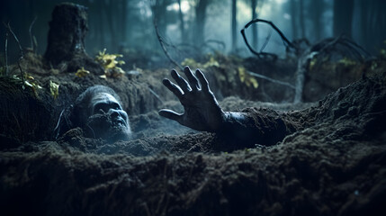 Zombie climbs out of the grave in the night cemetery - obrazy, fototapety, plakaty
