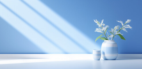 Empty blue and white room with vases and flowers, beautiful light and shadow, AI generated