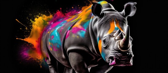 Painted colorful rhino animal, they show off in beautiful colors. isolated black background. Pattern for t-shirt printing, Generative AI