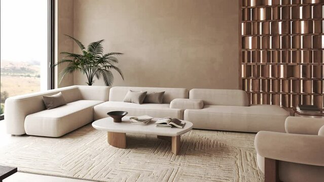 Nature livingroom with large green palm plant, wooden partition and home decor. Modern beige interior background. 3d rendering illustration. 3d visualization. High quality 4k footage video