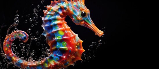 Painted colorful seahorse animal, they show off in beautiful colors. isolated black background. Pattern for t-shirt printing, Generative AI - obrazy, fototapety, plakaty