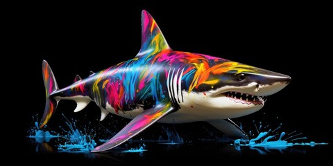Painted colorful shark animal, they show off in beautiful colors. isolated black background. Pattern for t-shirt printing, Generative AI