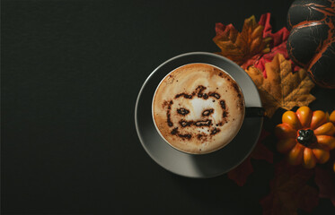 Halloween cappuccino coffee with a scary spooky pumpkin latte art and decorations
