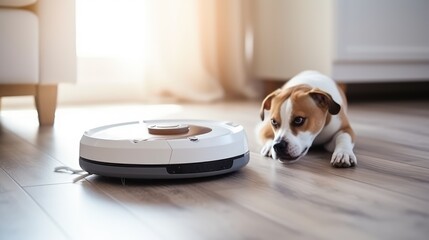 dog lying on carpet with robot vacuum cleaner, smart home system, funny animals - obrazy, fototapety, plakaty