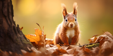 Obraz premium Adorable Red Squirrel with a Fluffy Tail in a Autumn Forest generative AI
