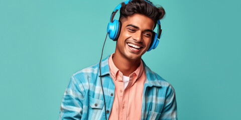 Young man using headphones and laughing