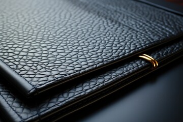 Close-up of black leather bag texture background, with seams and edges, copy space