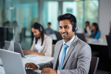 Young and handsome man working at call center with his staff