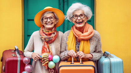 Obraz na płótnie Canvas Happy Couple of older woman ready with the suitcase travel to go on vacation. Two woman making holidays in the village house. Generative Ai