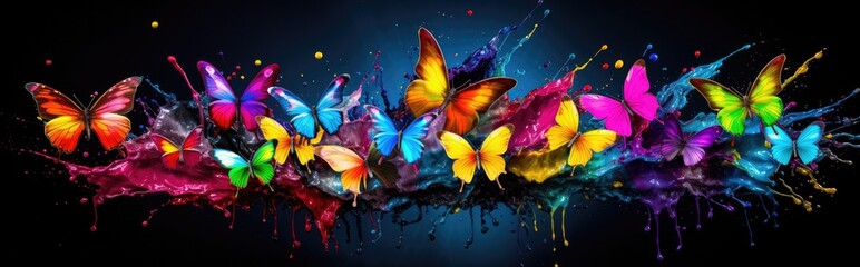 Painted colorful butterflys animal, they show off in beautiful colors. isolated black background. Pattern for t-shirt printing, Generative AI