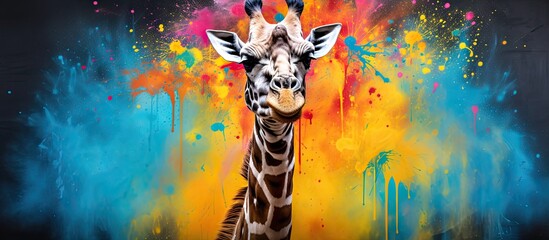 Fototapeta na wymiar Painted colorful giraffe animal, they show off in beautiful colors. isolated black background. Pattern for t-shirt printing, Generative AI