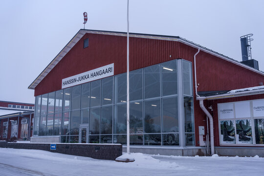 Hangar for Douglas DC-2 airplane Hanssin Jukka in Tuulonen shopping center. Hameenlinna, Finland.
