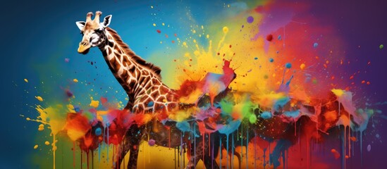 Painted colorful giraffe animal, they show off in beautiful colors. isolated black background. Pattern for t-shirt printing, Generative AI