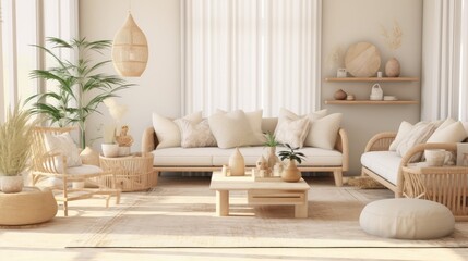 The stylish boho composition at living room interior with design beige sofa, coffee table, wicker baskets and elegant personal accessories. Brown and white pillows and plaid Cozy apartment. Home decor