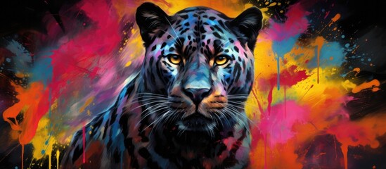 Painted colorful panther  animal, they show off in beautiful colors. isolated black background. Pattern for t-shirt printing, Generative AI
