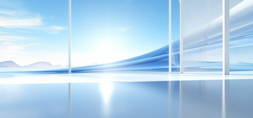 Empty blue and white room with large window and beautiful light and shadow, AI generated