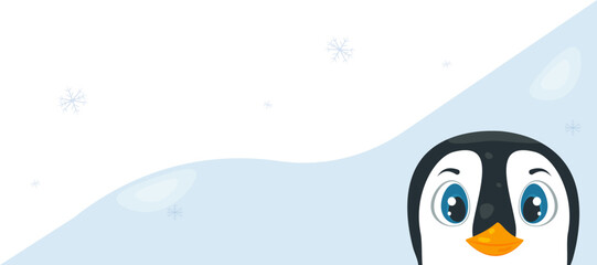 Vector winter banner with a cute penguin phone in cartoon style, with a snowdrift and snowflakes. EPS 10 background, backdrop for your design.