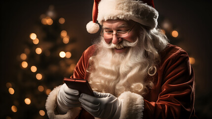 Fototapeta na wymiar Portrait of Santa Claus using his mobile phone at christmas time