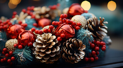 hristmas background with red baubles, pine cones and bokeh. Beautiful christmas card.	 - obrazy, fototapety, plakaty