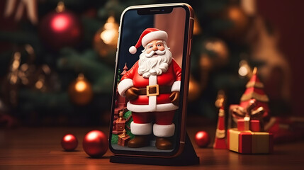 Santa claus on smartphone screen. Christmas and New Year concept.