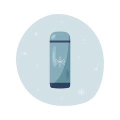 Vector blue thermos with snowflakes, on a white and blue background. Large thermos for hiking and traveling, for sports or fitness. Illustration in cartoon flat style, eps 10.
