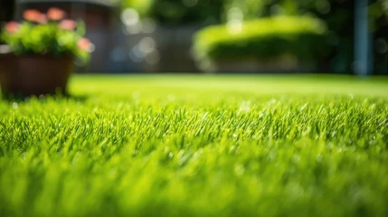 Foto op Canvas Beautiful view on cute backyard in sunny day, fresh green grass lawn in sunlight, landscaping in the garden, beauty of summer season © zayatssv