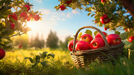 apple trees in an open field with sun, basket full apples under tree